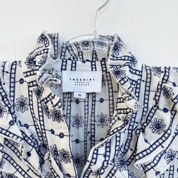 The Shirt Rochelle Behrens Dress Smock Ruffle Navy White Aztek Floral Mini - Picture 5 of 6